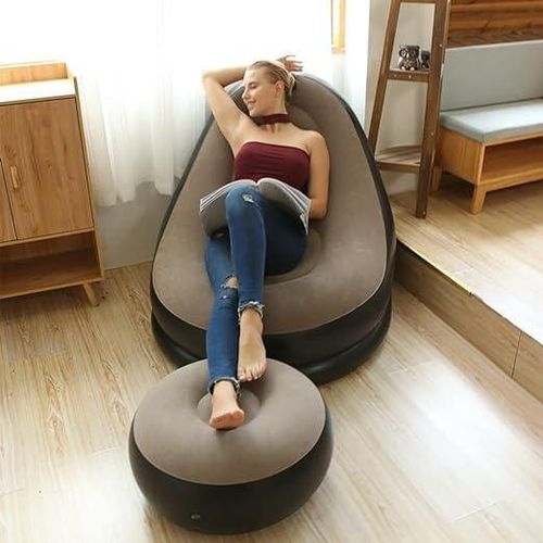 Lazy Sofa Inflatable Sofa, Family Inflatable Lounge Chair, Graffiti Pattern Flocking Sofa, with Inflatable Foot Cushion, Suitable for Home Rest or Office Rest, Outdoor Folding Sofa Chair - Dark Blue