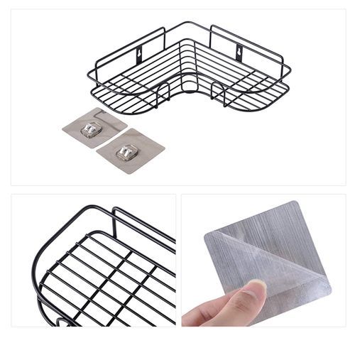 Self-Adhesive Metal Bathroom Kitchen Corner Rack Storage Shelves - Black