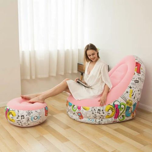 Lazy Sofa, Inflatable Sofa, Family Inflatable Lounge Chair, Graffiti Pattern Flocking Sofa, with Inflatable Foot Cushion, Suitable for Home Rest or Office Rest, Outdoor Folding Sofa Chair