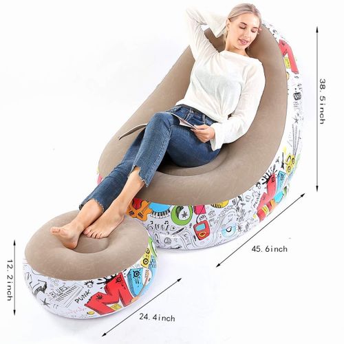 Lazy Sofa, Inflatable Sofa, Family Inflatable Lounge Chair, Graffiti Pattern Flocking Sofa, with Inflatable Foot Cushion, Suitable for Home Rest or Office Rest, Outdoor Folding Sofa Chair