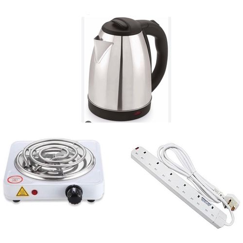 Single Coil Hotplate, 2L Electric Kettle,  & 6 Way Extension Cable - White, Silver