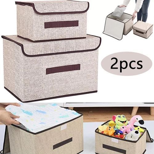 2PCS Linen Fabric Folding Lid Storage Box - Beige