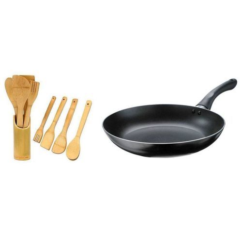 Non Stick Frying Pan And Pack Of Wooden Spoons - Multicolour