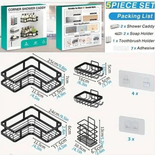 5 Sets Cosmetics Lotion Bathroom Storage Rack for Kitchen Organizer No-Punch Wall -mounted Oil Salt Vinegar Multifunction Organizer Soap Dish Toiletries Shelf Practical Shower Caddy Set -Black