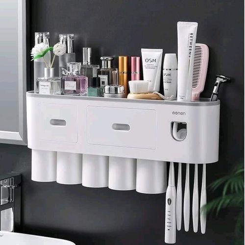 Magnetic 1/2/3/4/5 Cups Bathroom Toothbrush Holder Storage Rack With Toothpaste Dispenser Squeezer Wall Mount Organizer Punch-Free Self Adhesive White