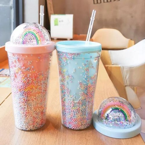 2-Layer Ice Cream Juice Bottle Cup with Straw-Multi-colours