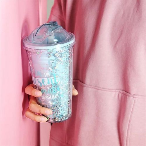 2-Layer Ice Cream Juice Bottle Cup with Straw-Multi-colours