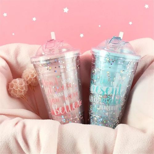 2-Layer Ice Cream Juice Bottle Cup with Straw-Multi-colours