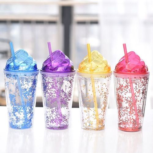 2-Layer Ice Cream Juice Bottle Cup with Straw-Multi-colours