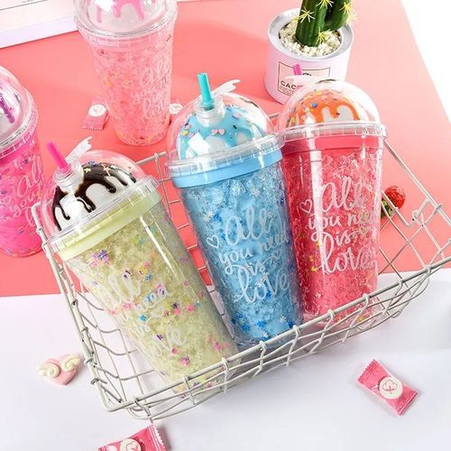 2-Layer Ice Cream Juice Bottle Cup with Straw-Multi-colours