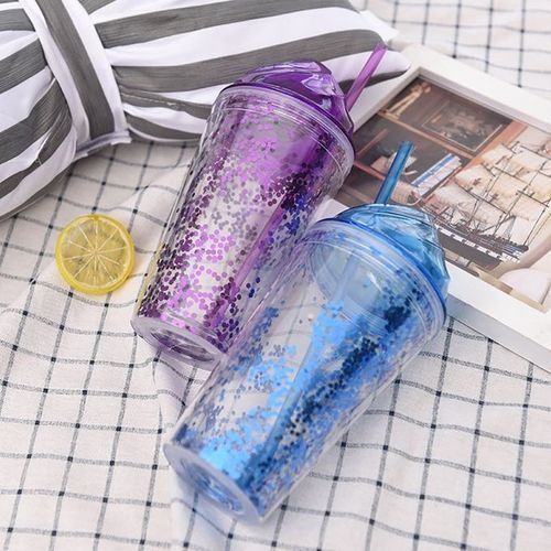2-Layer Ice Cream Juice Bottle Cup with Straw-Multi-colours