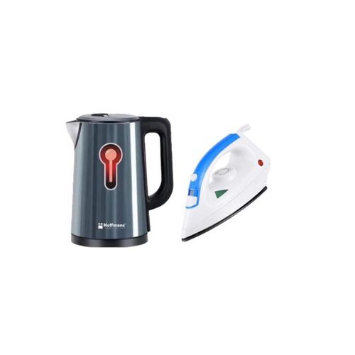 Hoffmans Original 2.5Ltrs Electric Tea Kettle For Boiling Water Stainless Steel Double Wall Hot Water Boiler with Automatic Shut Off & Boil-Dry Protection Plus A Flat Iron With Non Stick Coating Soleplate- Multicolor