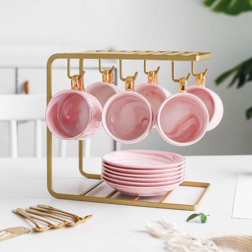 6 Tea Coffee Cups And Saucers Stand Rack Organizer Gift Set- Gold.