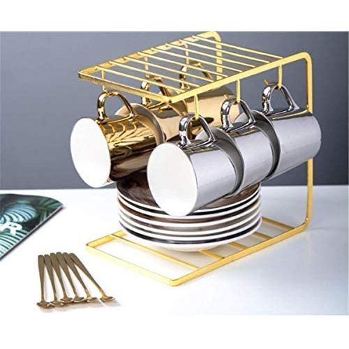 6 Tea Coffee Cups And Saucers Stand Rack Organizer Gift Set- Gold.