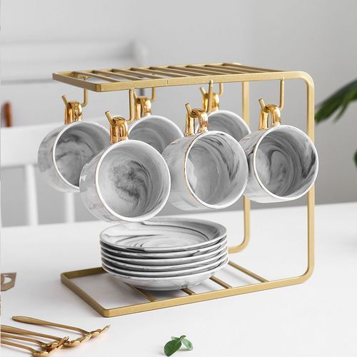 6 Tea Coffee Cups And Saucers Stand Rack Organizer Gift Set- Gold.