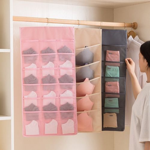 Double Sided 24 Pockets Socks,Bra,Underwear Bag Hanger Storage Organizer-Pink