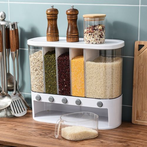 5-Grid Wall Mounted Storage Container 12L Food Dispenser Rice Bucket- Multicolor