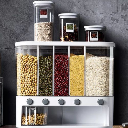 5-Grid Wall Mounted Storage Container 12L Food Dispenser Rice Bucket- Multicolor