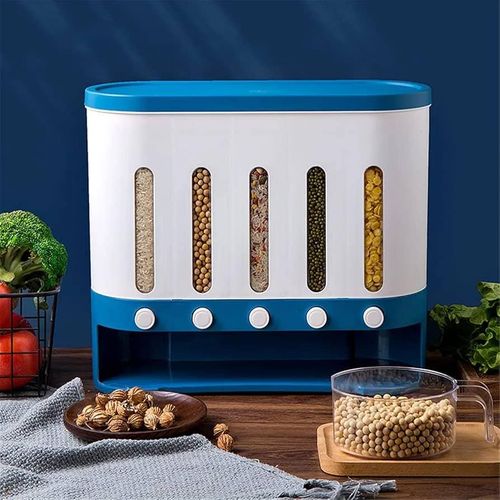 5-Grid Wall Mounted Storage Container 12L Food Dispenser Rice Bucket- Multicolor