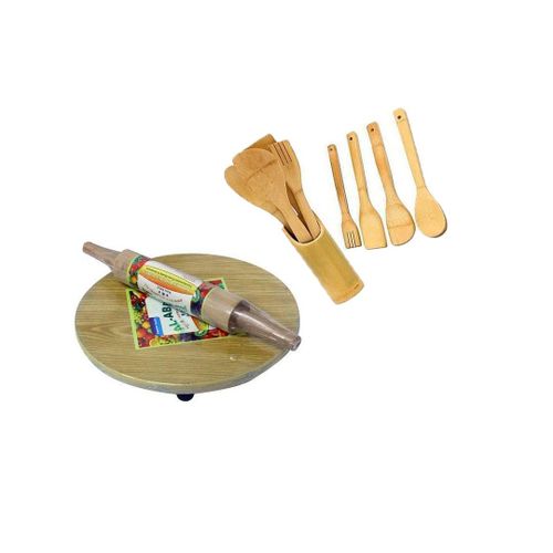 Set Of Chapati Rolling Board, Pin And Bamboo Cooking SPoons - Brown