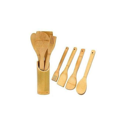 Set Of Chapati Rolling Board, Pin And Bamboo Cooking SPoons - Brown