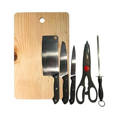 6Pc Kitchen Knife Set With Wooden Chopping Board - Silver