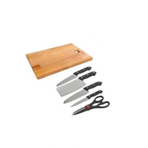 6Pc Kitchen Knife Set With Wooden Chopping Board - Silver