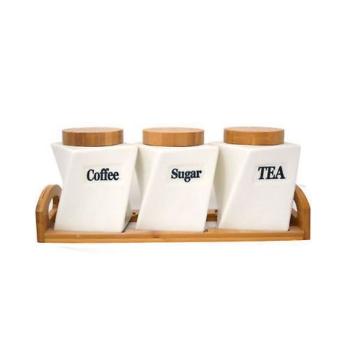 3 Piece Square Tea, Coffee, Sugar Bowl Canister Storage Set - White.