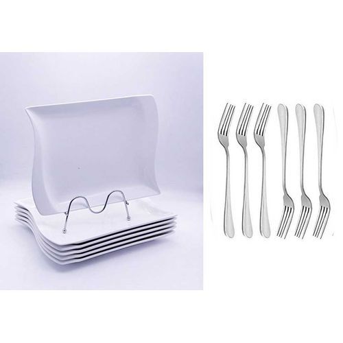 Set of 6 Square Dinner Plates + Free Forks - White