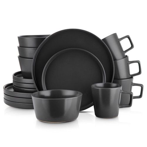 16pcs Dinner Set Cups, Plates, Side Plates & Bowls - Black