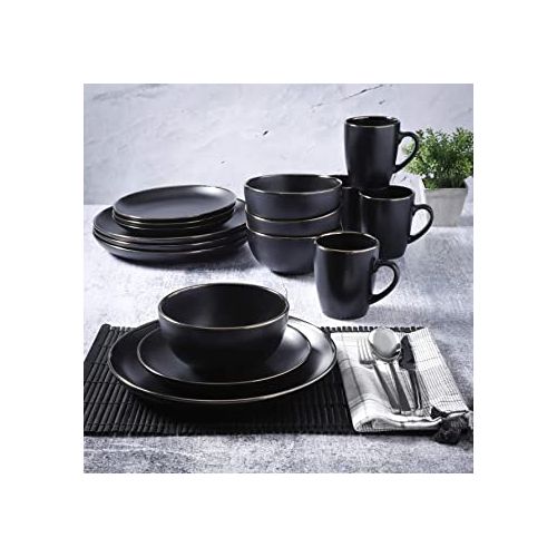 16pcs Dinner Set Cups, Plates, Side Plates & Bowls - Black