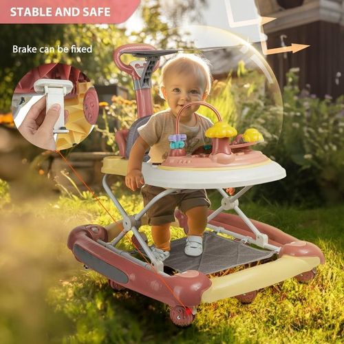 Baby Walker, 4-in-1 Discover and Play Musical Baby Walkers for Girls Boys, for 7-18 Months Infant, Pink