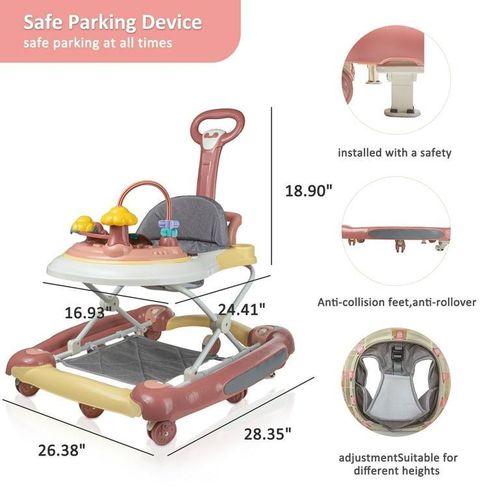Baby Walker, 4-in-1 Discover and Play Musical Baby Walkers for Girls Boys, for 7-18 Months Infant, Pink