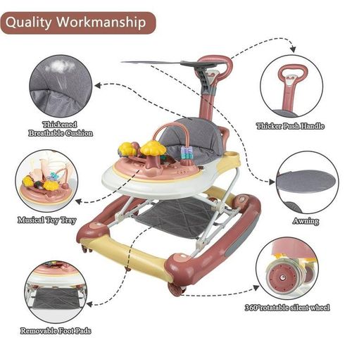 Baby Walker, 4-in-1 Discover and Play Musical Baby Walkers for Girls Boys, for 7-18 Months Infant, Pink