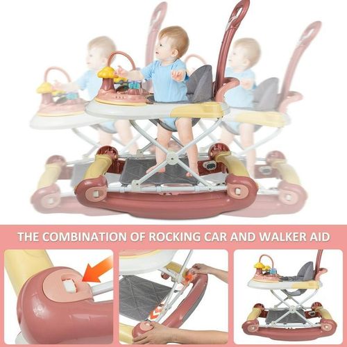 Baby Walker, 4-in-1 Discover and Play Musical Baby Walkers for Girls Boys, for 7-18 Months Infant, Pink