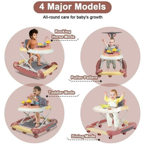 Baby Walker, 4-in-1 Discover and Play Musical Baby Walkers for Girls Boys, for 7-18 Months Infant, Pink