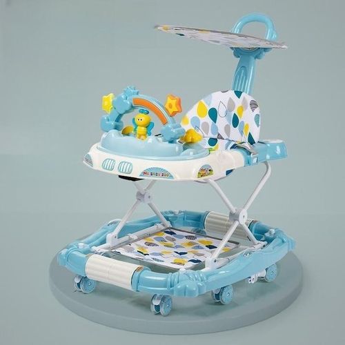 Baby 4 in 1 Baby Walker, Baby Walkers for Boys and Girls with Removable Footrest, Feeding Tray, Rocking Function & Music Tray, Foldable Activity Walker for Baby 6-18 Months - Blue
