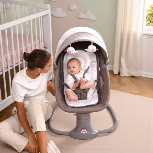 Baby Bouncer Baby Cradle Portable Swing Infant Motorized Adjustable Rocker with Bluetooth Music Speaker and 5 Swaying Gears Preset Lullabies and Smooth Remote Control - Grey