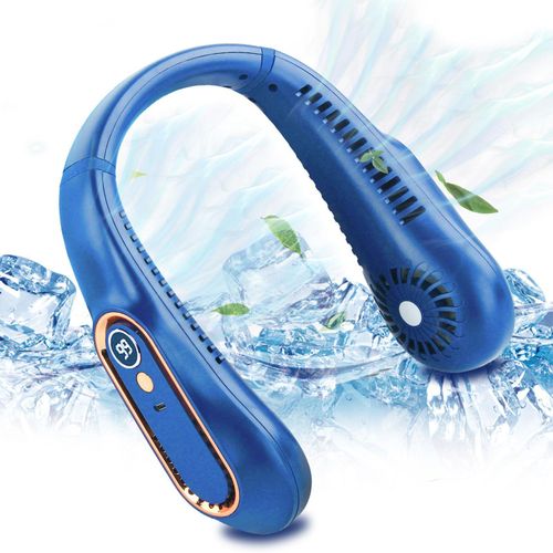 Portable Fan - USB Rechargeable Neck Fan - Wearable LED Screen - Low Noise Cooler (Blue)