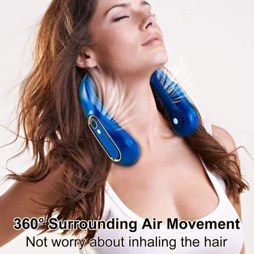 Portable Fan - USB Rechargeable Neck Fan - Wearable LED Screen - Low Noise Cooler (Blue)
