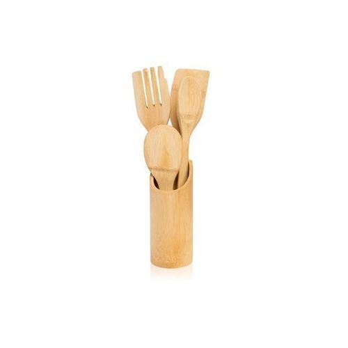 Set of Bamboo Chopboard, Mortar Pestle, Cooking Spoons - Brown
