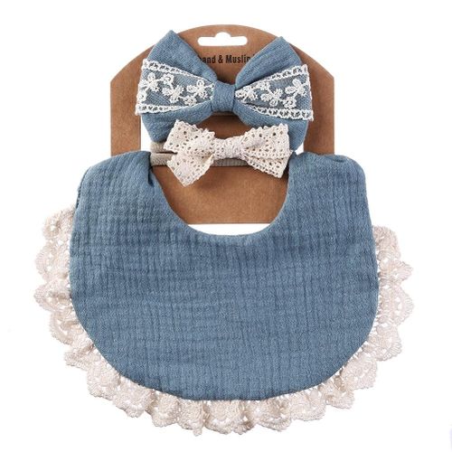 1Set Baby Wrinkled Cotton Saliva Towel Lace Headband Waterproof Interlayer Double-sided Bibs Adjustable Infant Girl Boy Birthday Gift