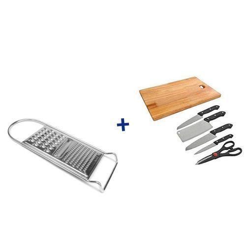 6Pc Kitchen Knife Set With Wooden Chopping Board Plus A Grater- Silver, Black