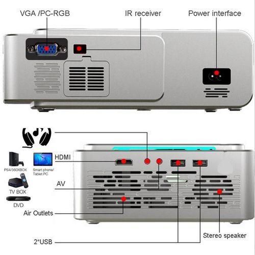 T6 Home Theater Projector 2600 Lumens 1280x800P 1080, Silver