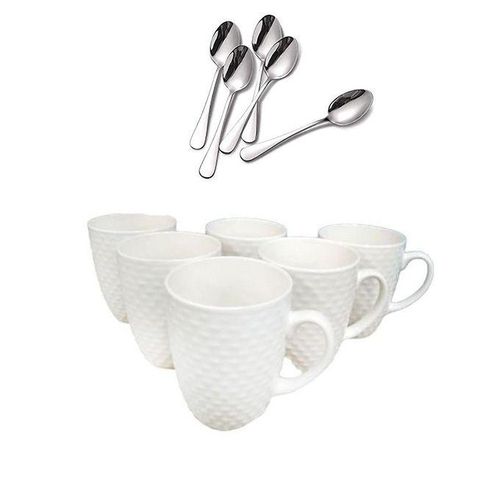 6 Pieces Set Of Tea Cups Coffee Mugs With 6 Spoons - White