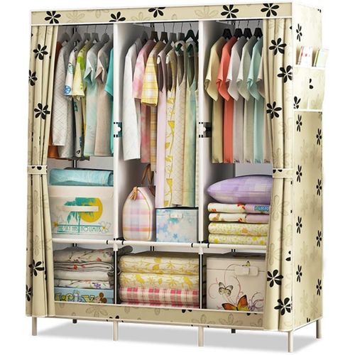 Portable Wardrobe Nonwoven With 3 Hanging Rods And 6 Storage Shelves