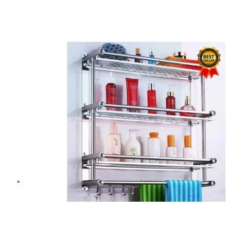Self Attaching Easy To Install Hanger Wall Mount Towel Rack Kitchen Bathroom With Adhesive  - Silver