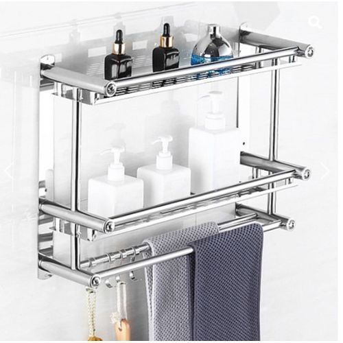 Self Attaching Easy To Install Hanger Wall Mount Towel Rack Kitchen Bathroom With Adhesive  - Silver