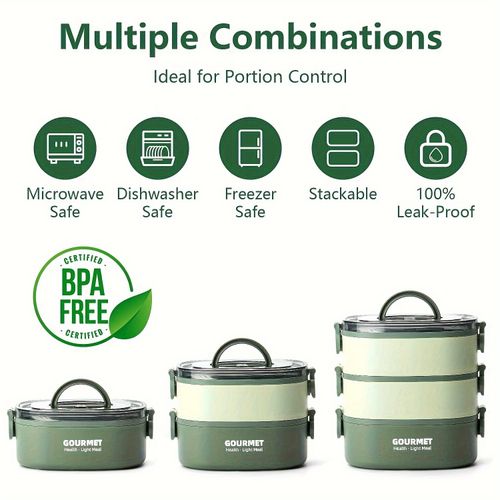 Leak-Proof Portable 3-Tier Stackable Food Lunch Box Bento Box - Green