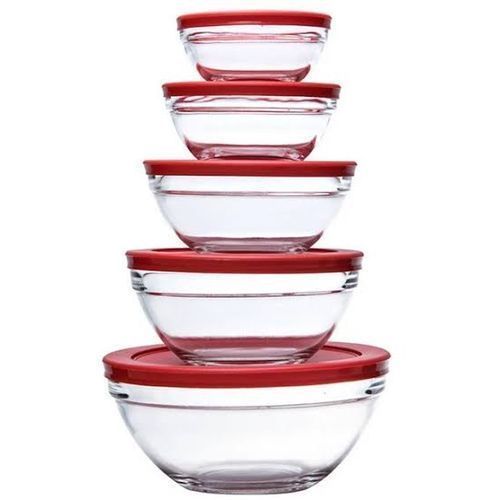 5 pcs Glass Bowl Set - Transparent, Lids Color may Vary
